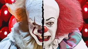 Split face comparison of Tim Curry 1990 Pennywise and Bill Skarsgård 2017 Pennywise for faith fear and pennywise review.