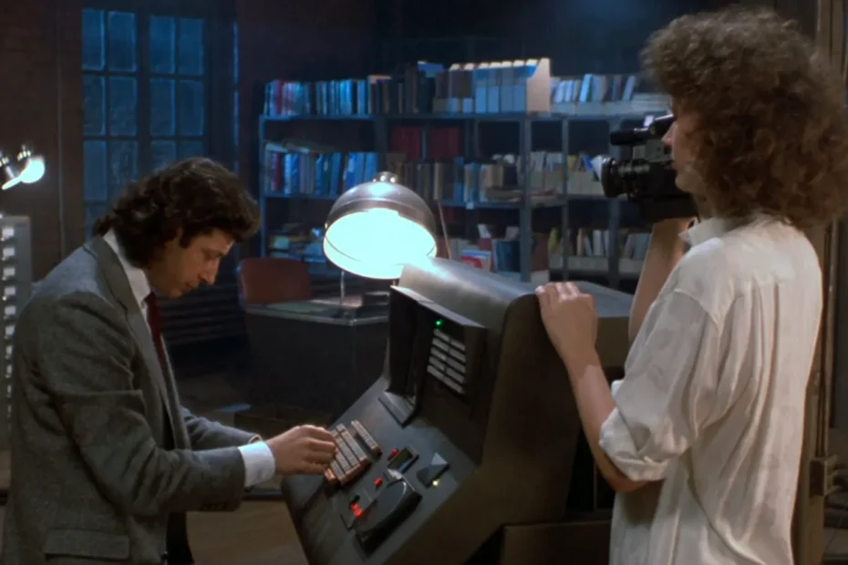 Seth Brundle and Veronica Quaife at the computer controlling the telepods in The Fly (1986)