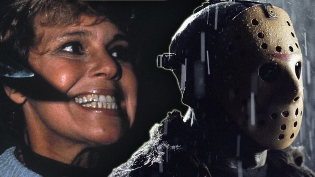 Pamela Voorhees holding a knife beside Jason Voorhees in his hockey mask, from the Friday the 13th franchise.
