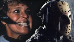 Pamela Voorhees holding a knife beside Jason Voorhees in his hockey mask, from the Friday the 13th franchise.
