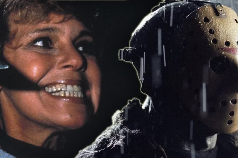 Pamela Voorhees holding a knife beside Jason Voorhees in his hockey mask, from the Friday the 13th franchise.